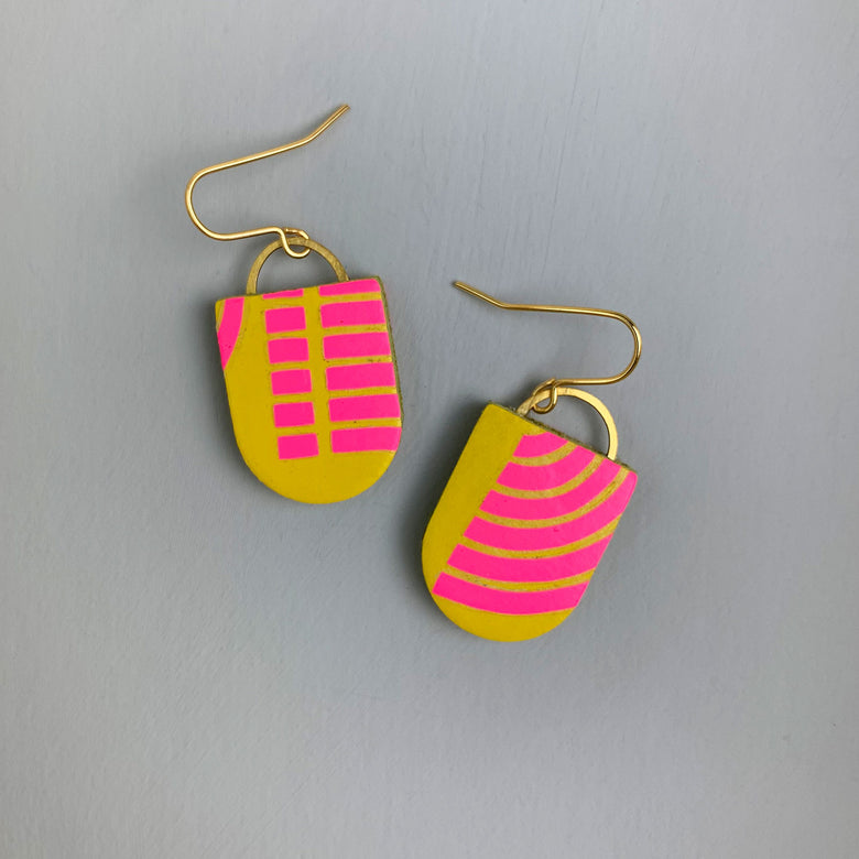 Leather tab earrings - neon/yellow
