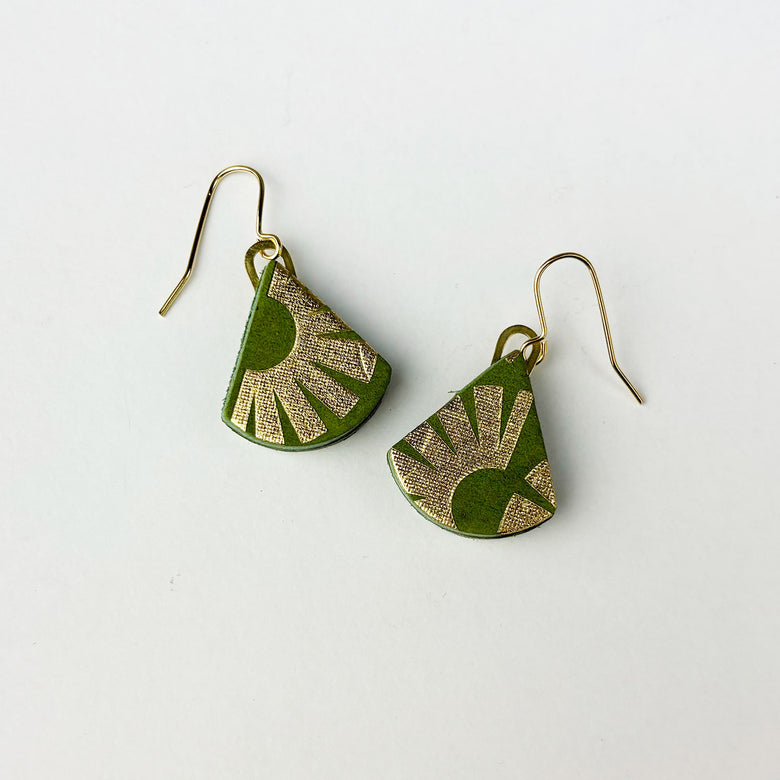 Leather triangle drop earrings - green