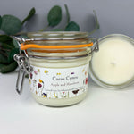 Soy wax Welsh candle featuring the words Caeau Cymru.