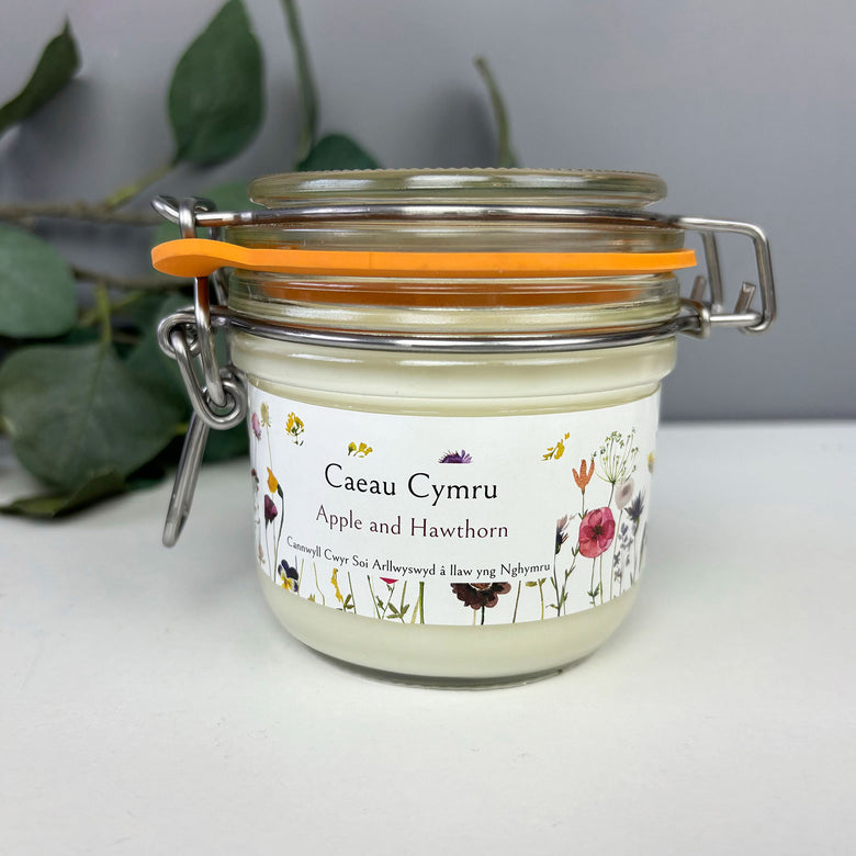 Soy wax Welsh candle featuring the words Caeau Cymru.