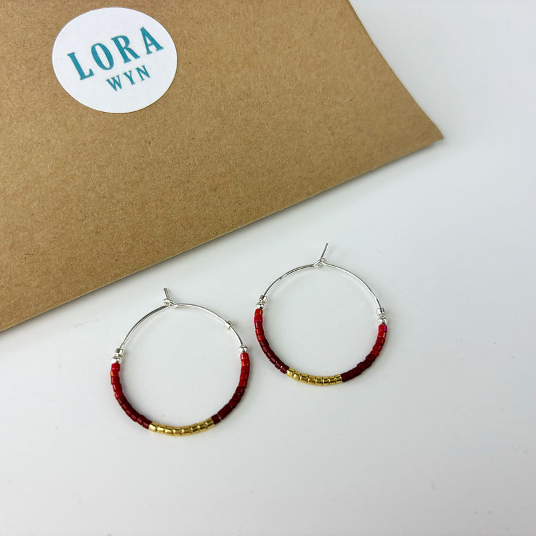 Beaded hoop earrings - red and gold ombre