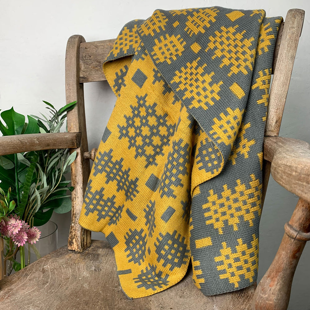 Welsh blanket print throw - grey and mustard