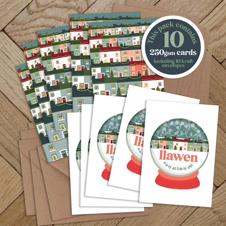 Mini Welsh Christmas cards - pack of 10, snowglobe