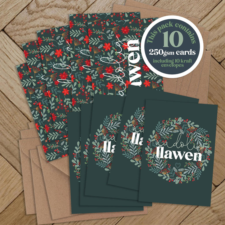 Mini Welsh Christmas cards - pack of 10, wreath