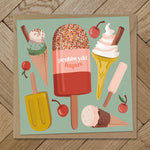 Birthday card featuring an ice cream and lolly design and the words 'happy birthday' in Welsh- Pen-blwydd hapus
