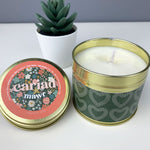 Hand poured soy wax candle presented in a resealable tin featuring the words 'lots of love' in Welsh - Cariad mawr.