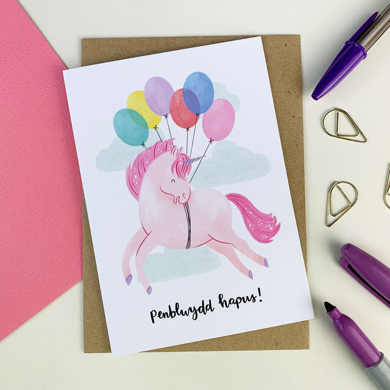 Penblwydd Hapus card - unicorn