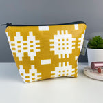 Mustard yellow Welsh blanket print make-up bag with contrasting grey zip