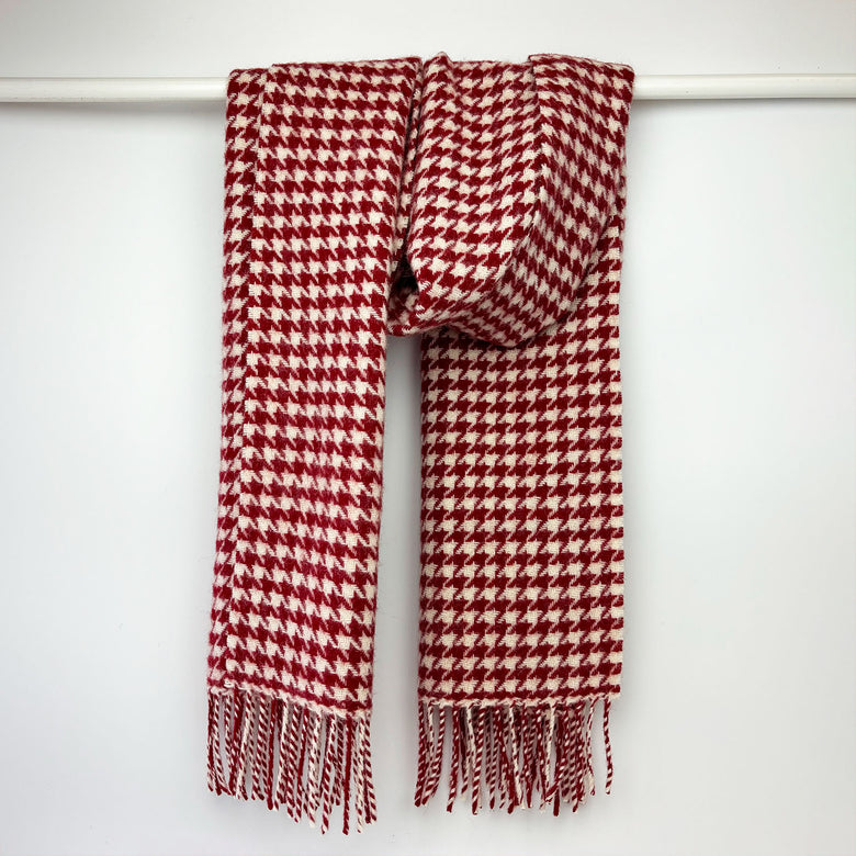 Welsh wool scarf - red and cream houndstooth