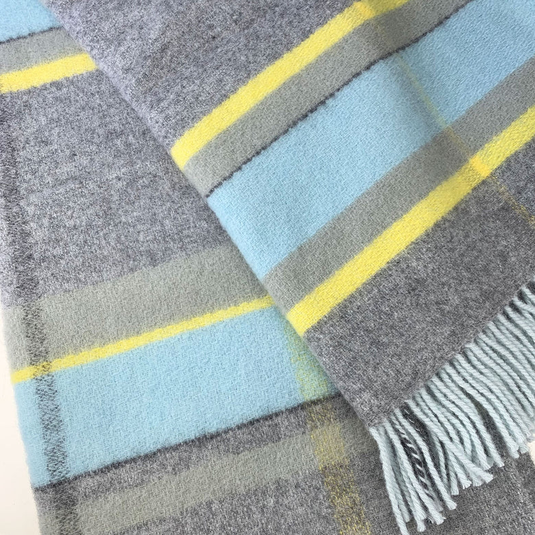 100% pure new wool throw blanket in yellow blue and grey check made in Wales by Tweedmill