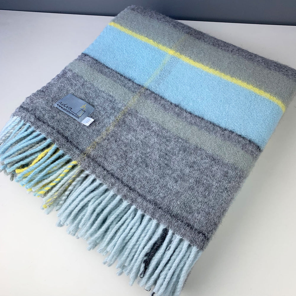 100% pure new wool throw blanket in yellow blue and grey check made in Wales by Tweedmill