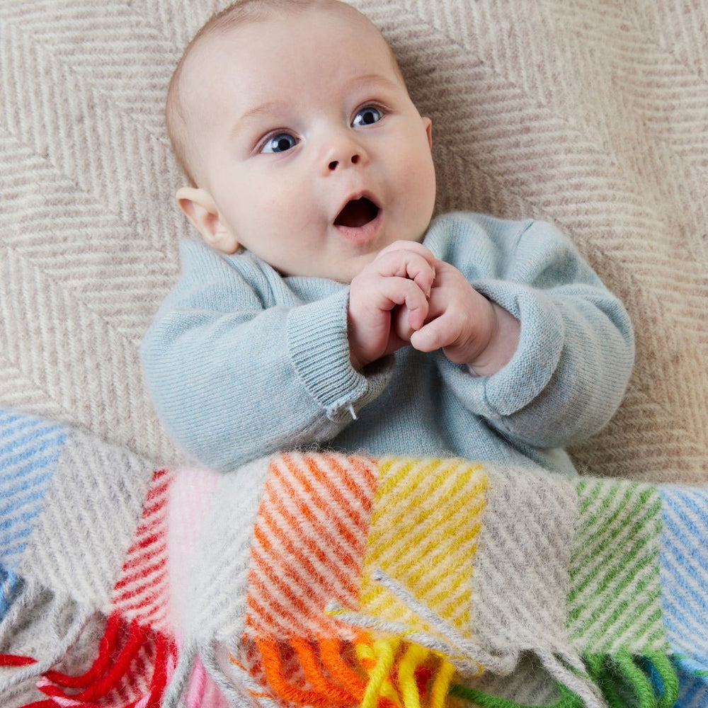 Wool Welsh pram blanket - rainbow stripe