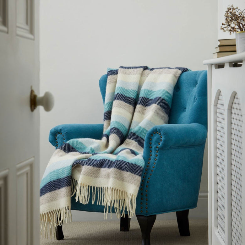 Pure new wool Welsh throw in blue stripes by Tweedmill