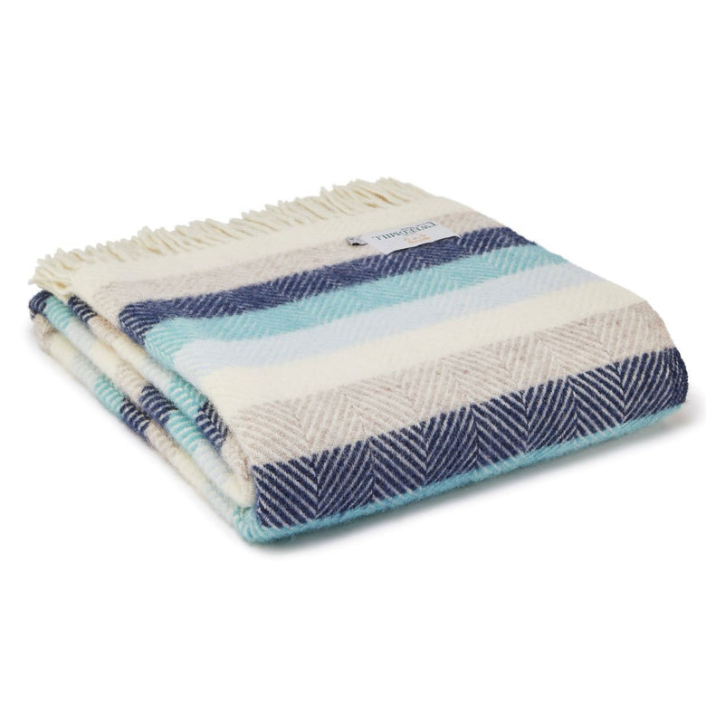 Pure new wool Welsh throw in blue stripes by Tweedmill