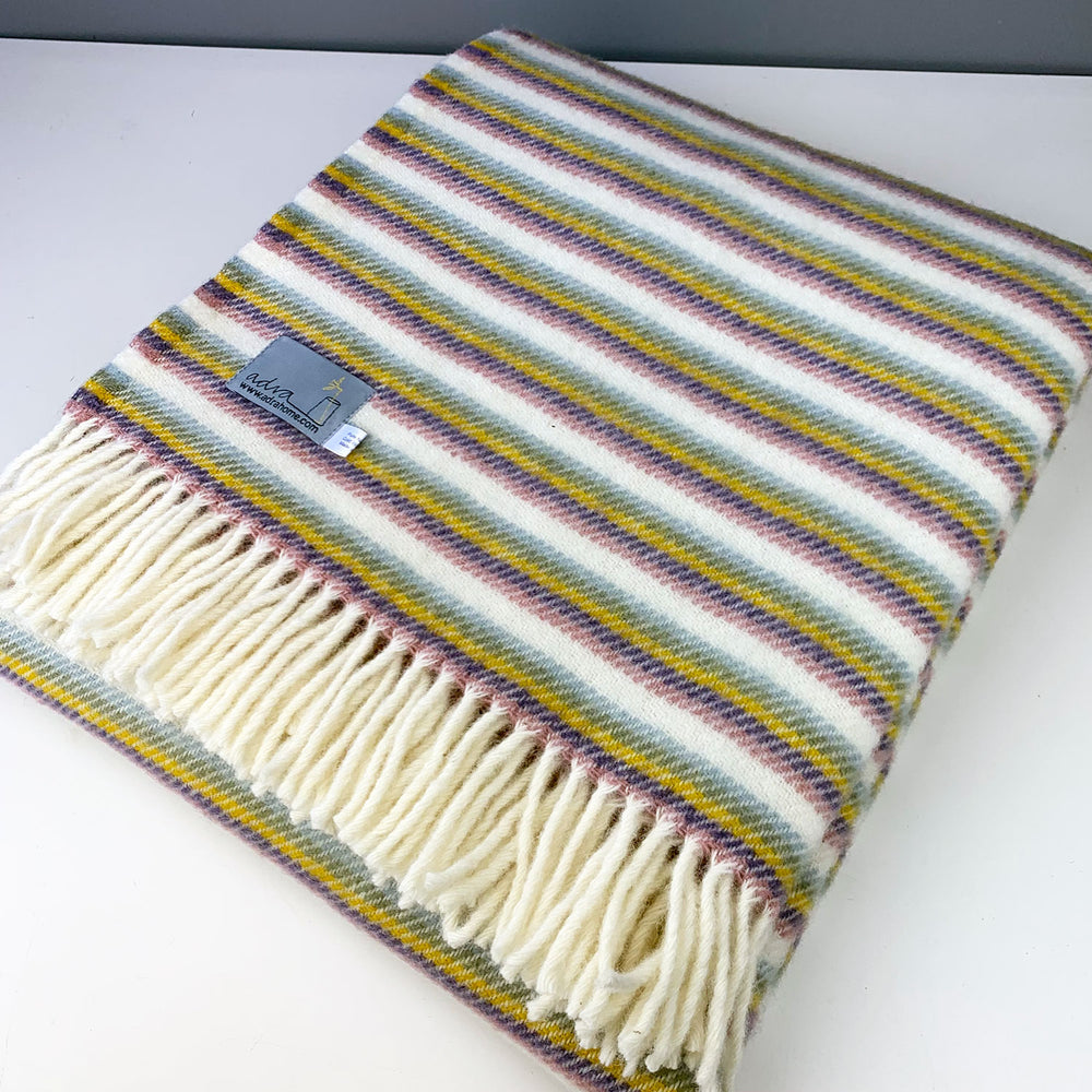 Wool Welsh throw with yellow pink and purple stripes made i Wales by Tweedmill