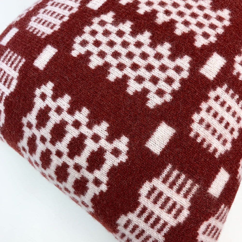 Lambswool Welsh blanket print cushion - large, red
