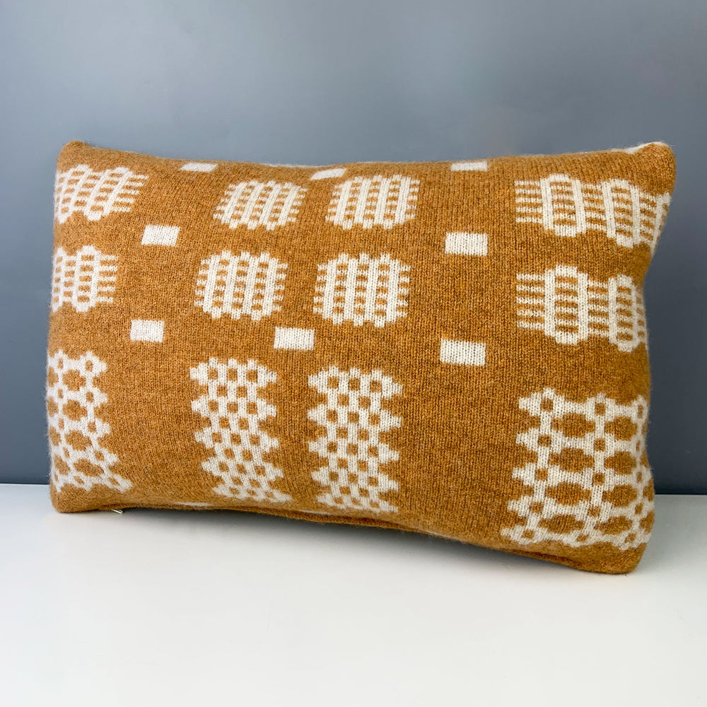Lambswool Welsh blanket print cushion - rectangle, ochre
