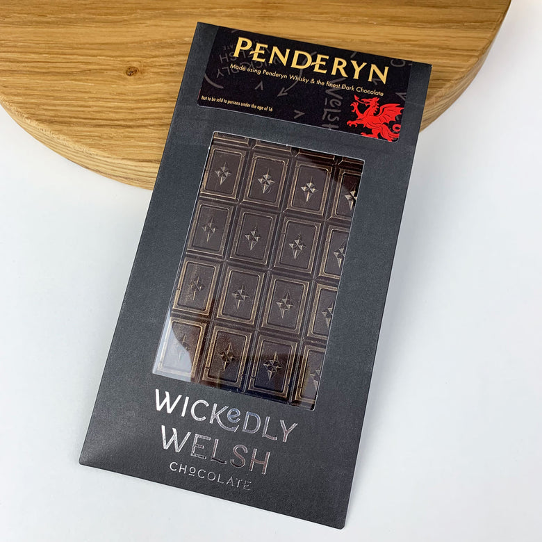 A bar of dark chocolate by Wickedly Welsh blended with Penderyn Welsh Whiskey.