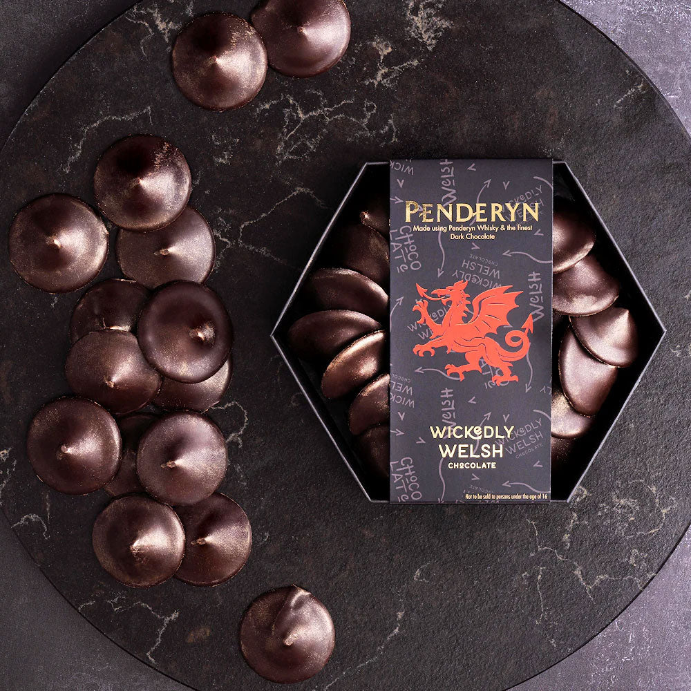 Dark chocolate blended with with Penderyn Welsh Whisky by Wickedly Welsh