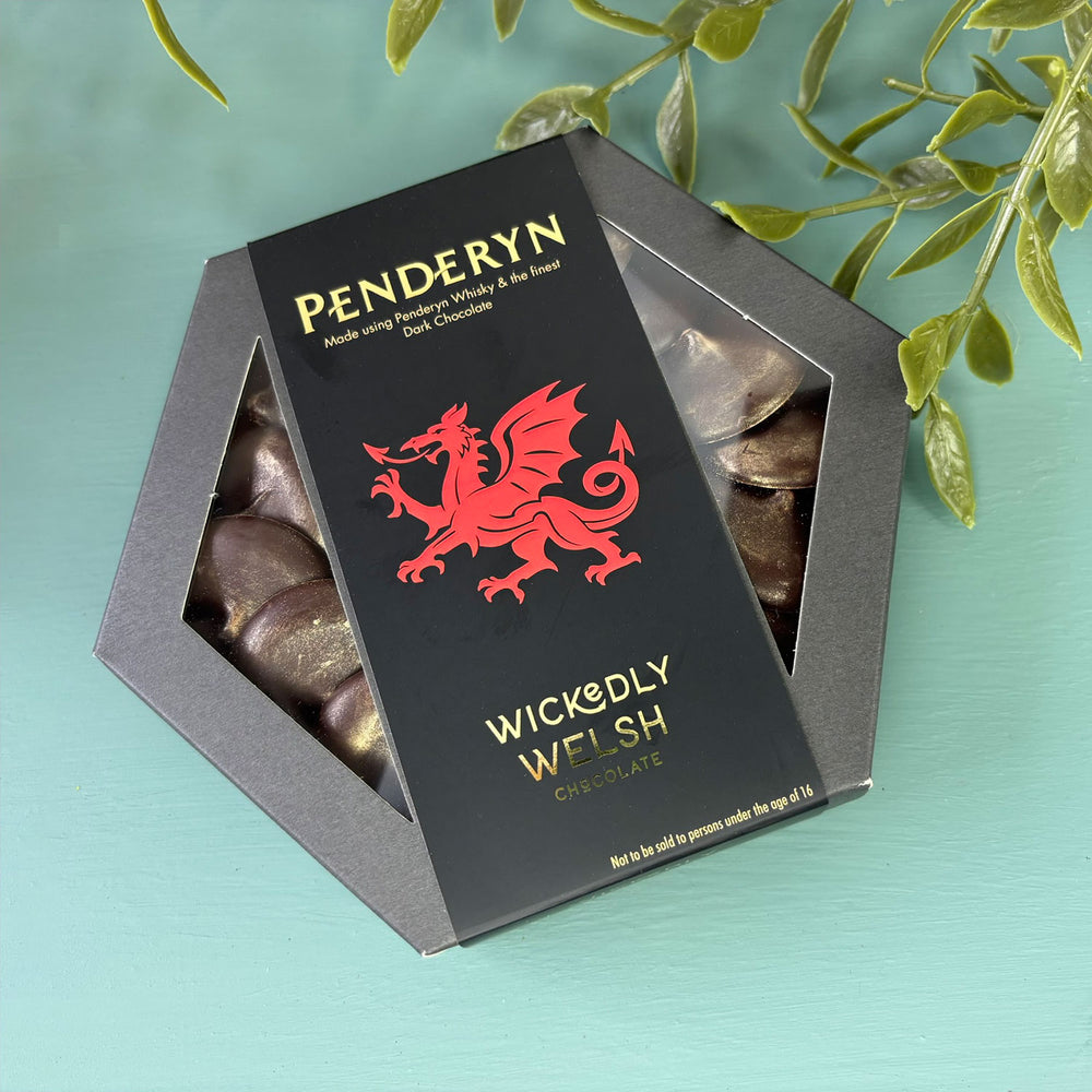 Dark chocolate blended with with Penderyn Welsh Whisky by Wickedly Welsh