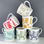 Cream, mustard yellow, red, blue, grey and green Welsh blanket print china mugs