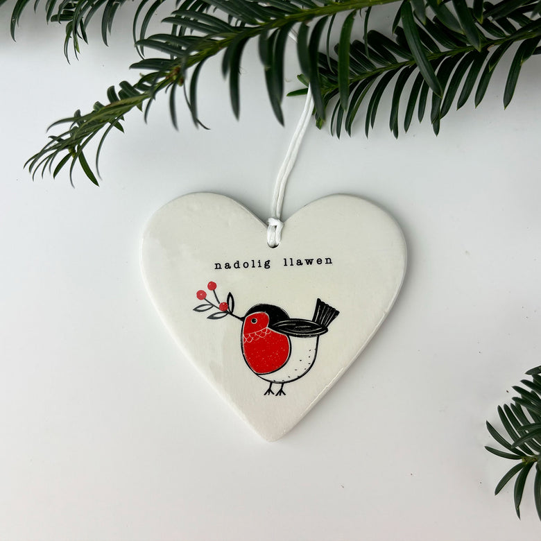 Nadolig Llawen heart decoration - robin