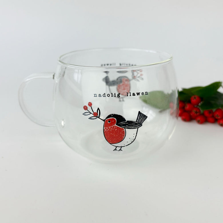 Nadolig Llawen glass mug - robin