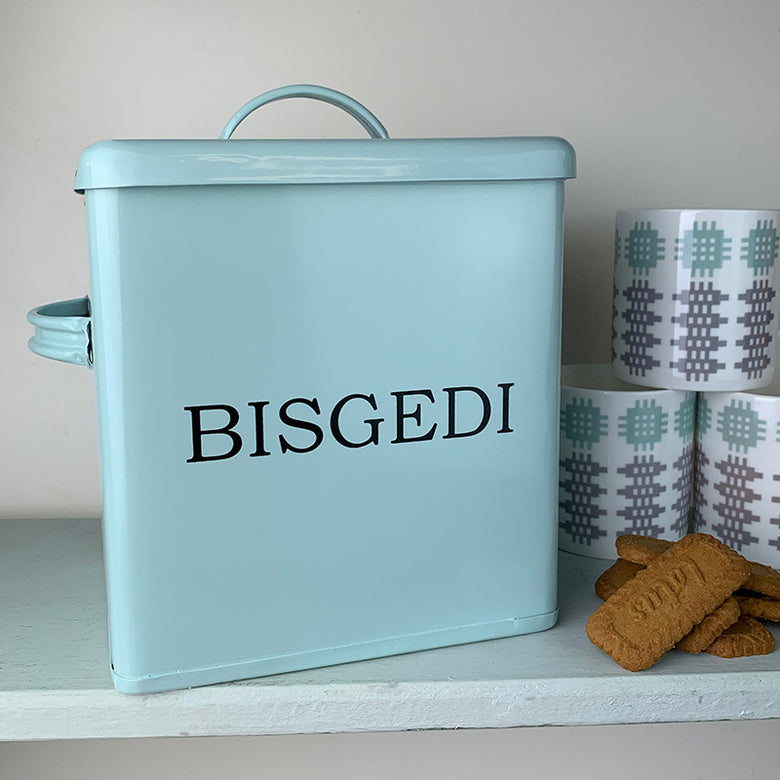 Bisgedi square biscuit tin - serif, duck egg blue