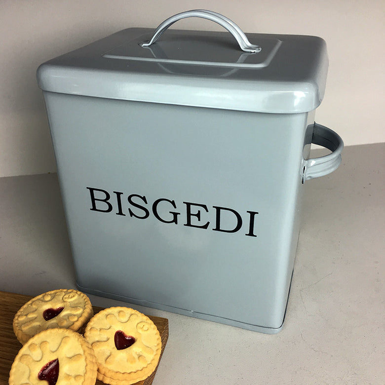 Bisgedi square biscuit tin - serif, mid grey