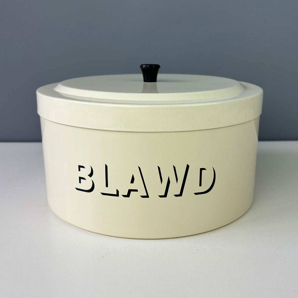 Welsh cream enamel flour tin featuring the word 'flour' in Welsh, Blawd.