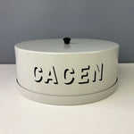 Grey enamel cake tin by JD Burford featuring the Welsh word Cacen