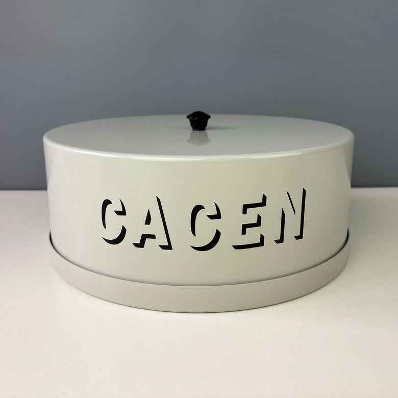 Grey enamel cake tin by JD Burford featuring the Welsh word Cacen