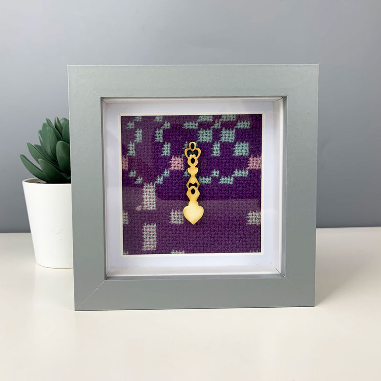 Framed Welsh love spoon - purple and grey