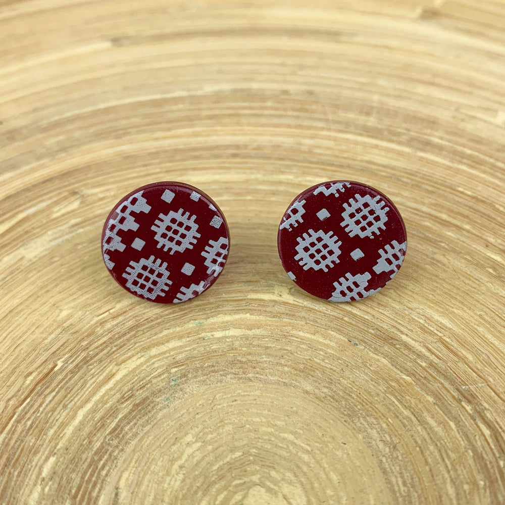 Welsh blanket print stud earrings - dark red