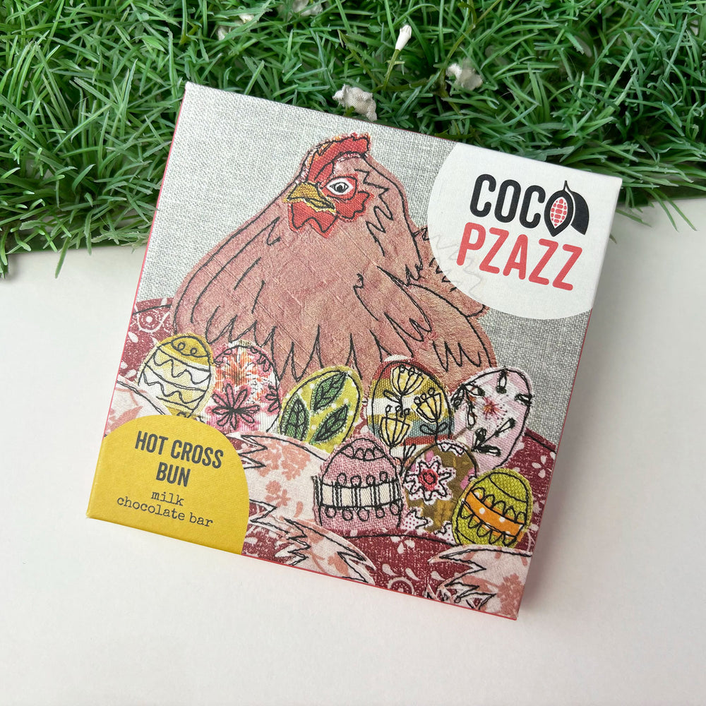 Coco Pzazz Welsh milk chocolate bar flavoured with hot cross buns