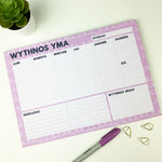 Welsh notepad featuring the words 'this week' in Welsh - Wythnos yma, and sections for notes and tasks