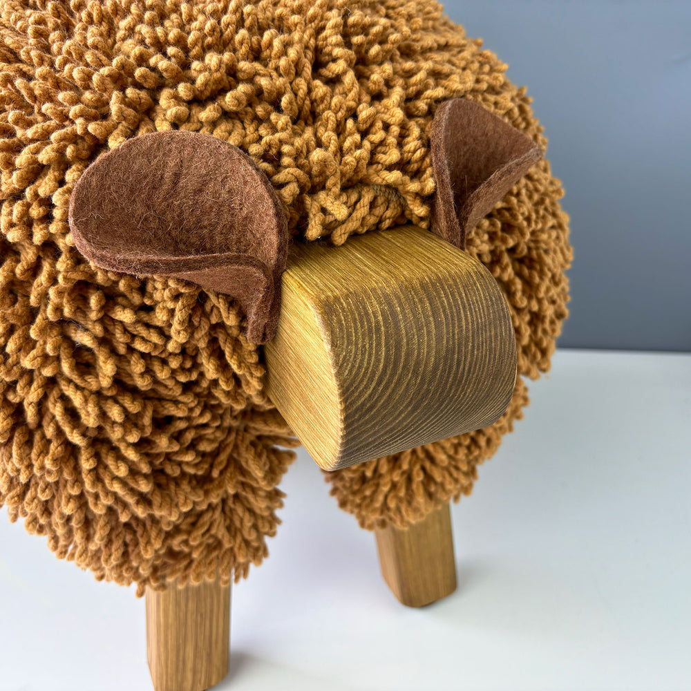 Ewemoo Welsh sheep footstool with caramel cotton twist fabric, oak head and legs