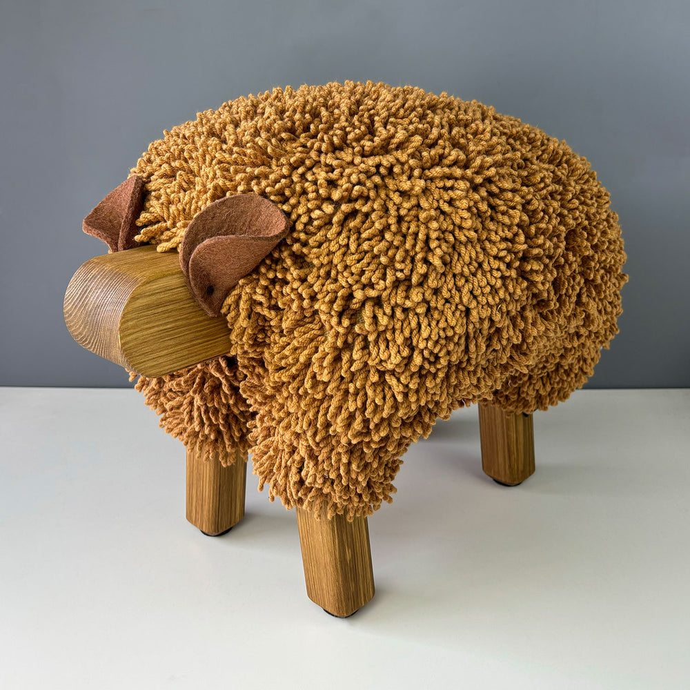 Ewemoo Welsh sheep footstool with caramel cotton twist fabric, oak head and legs