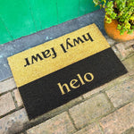 Coir doormat Welsh words for hello and goodbye on each side - helo/hwyl fawr
