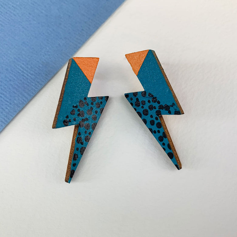 Lightning bolt earrings, small - teal/black/orange