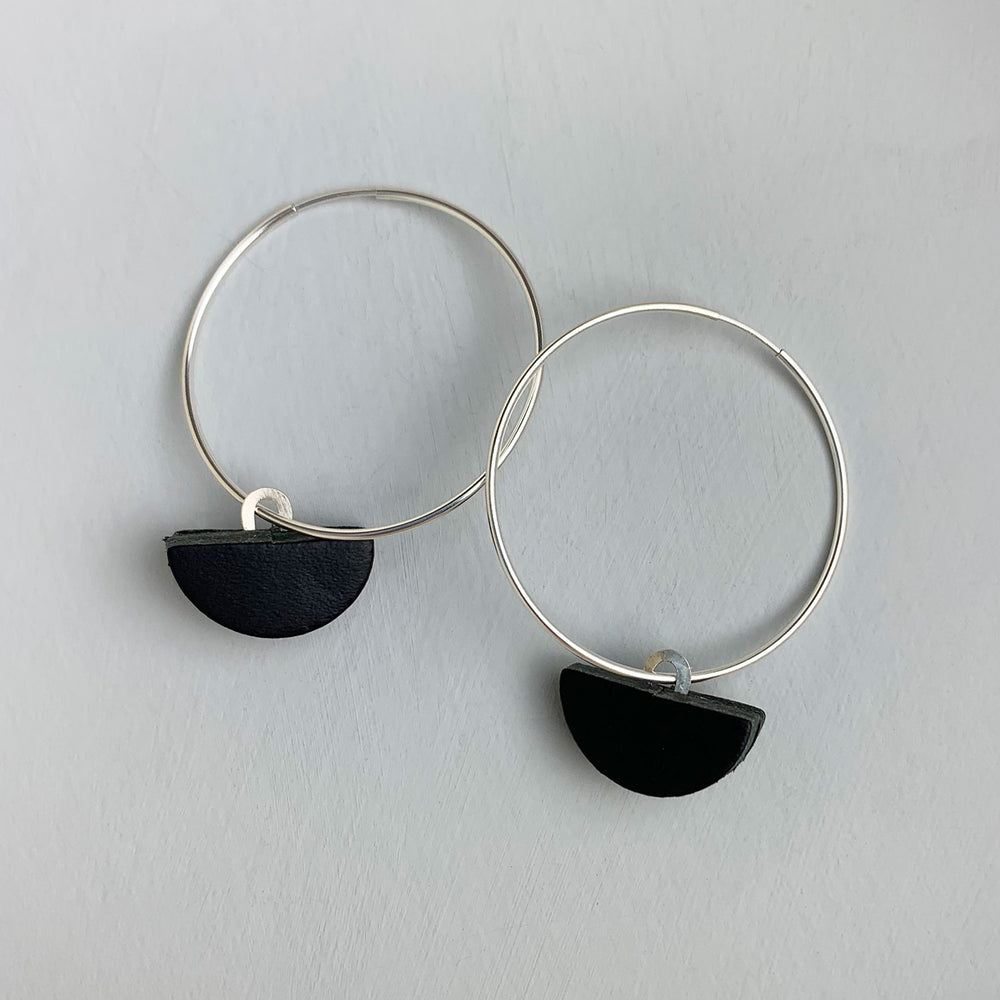 Leather semi circle hoop earrings - black