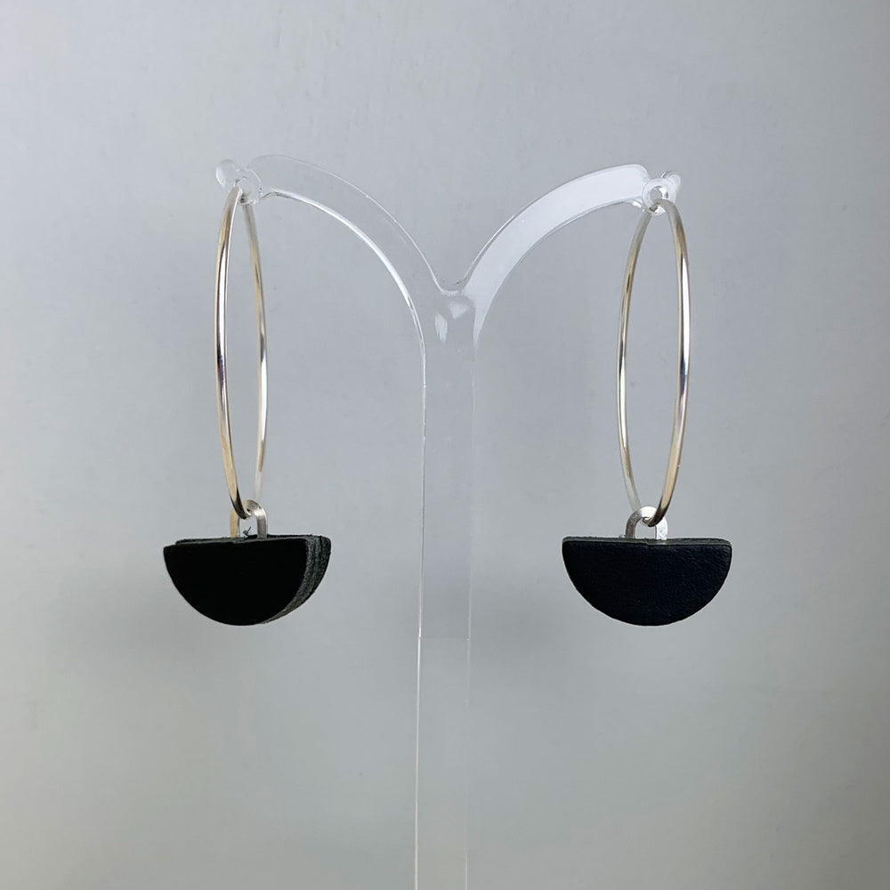 Leather semi circle hoop earrings - black