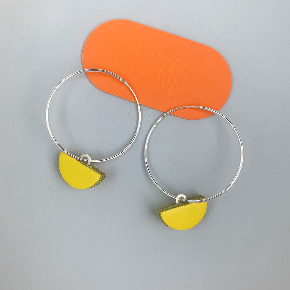 Leather semi circle hoop earrings - yellow