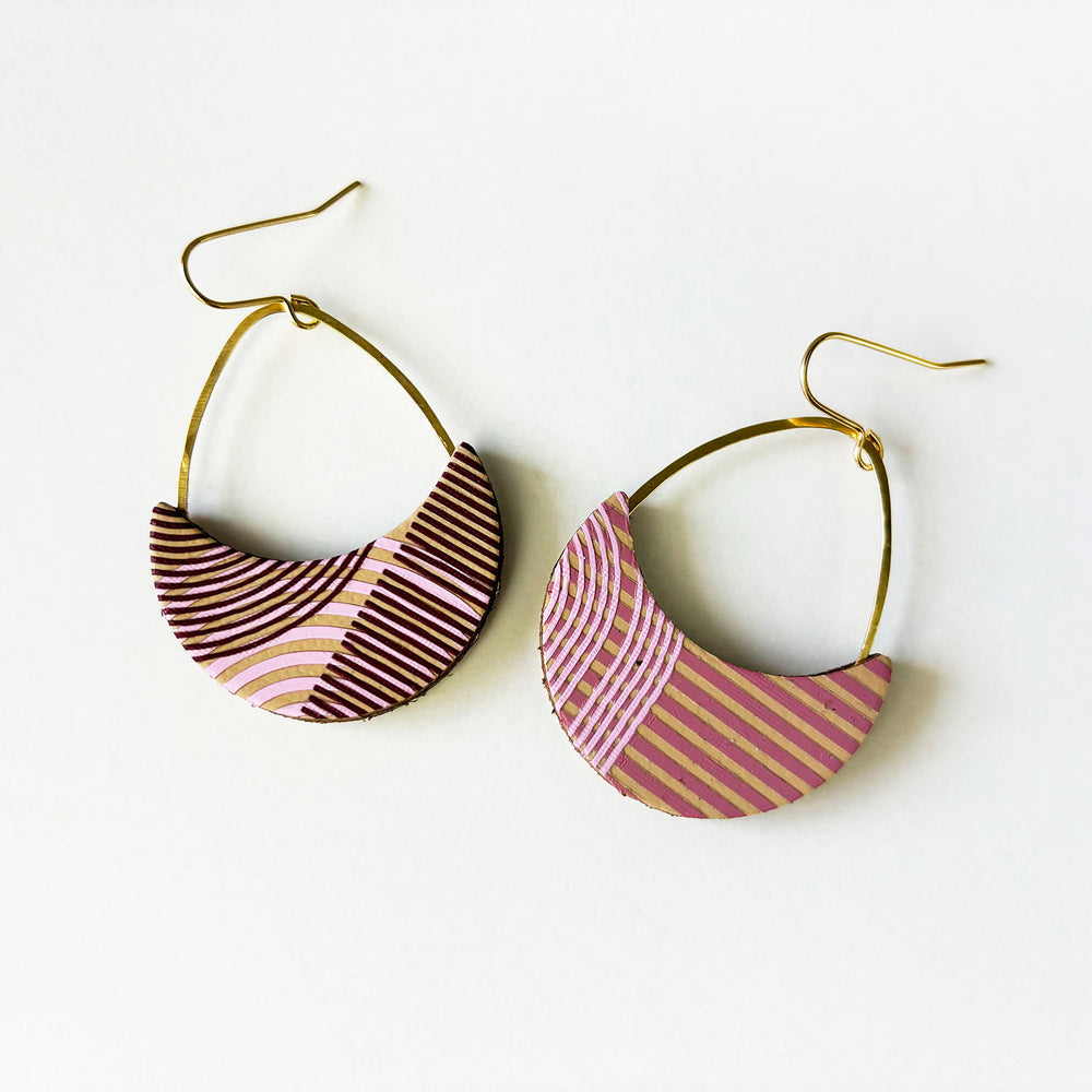 handmade leather earring by Kay Morgan in a pink geo pattern