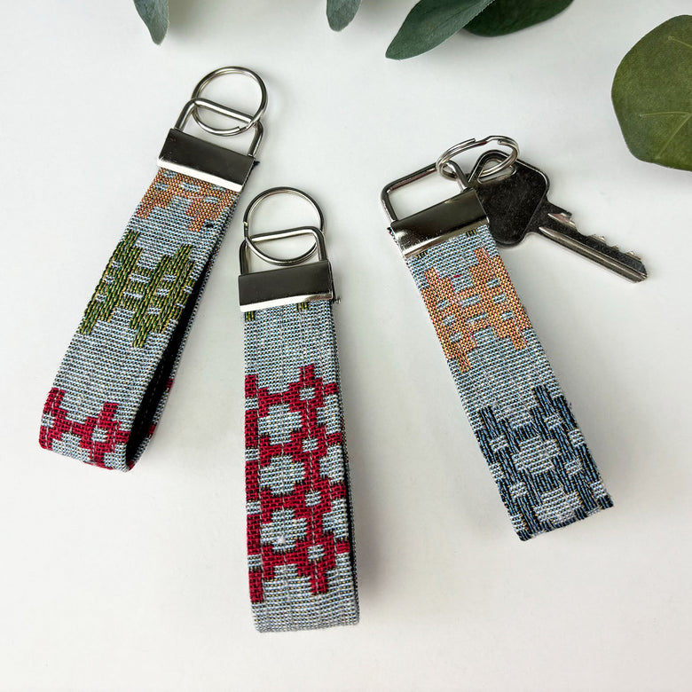 Handmade keyring featuring Welsh blanket print fabric by Moose & Co