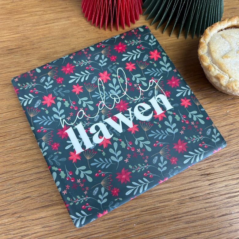 Nadolig Llawen ceramic coaster - foliage