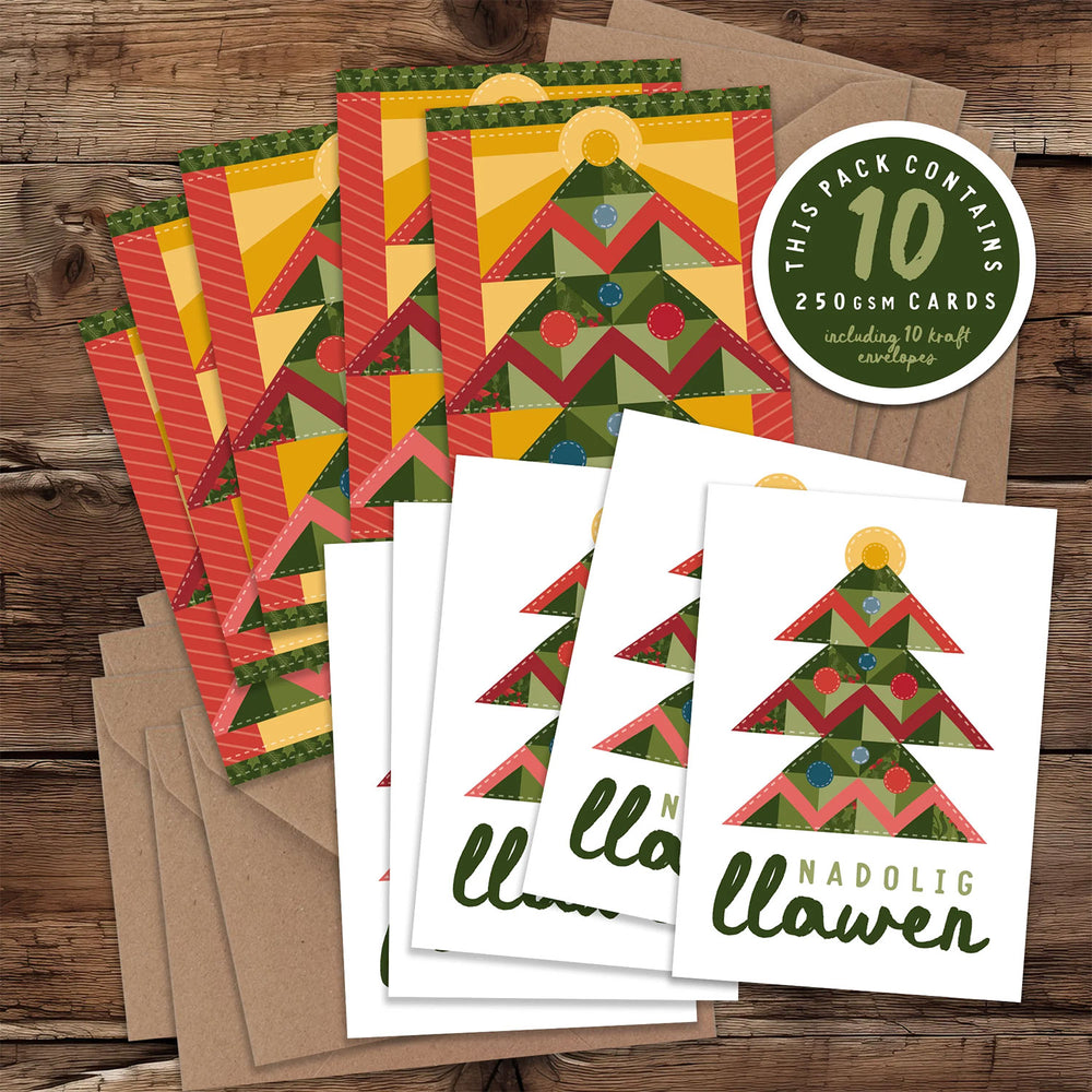 A pack of 10 mini Welsh Christmas cards by max rocks featuring the words 'Merry Christmas' in Welsh, Nadolig Llawen