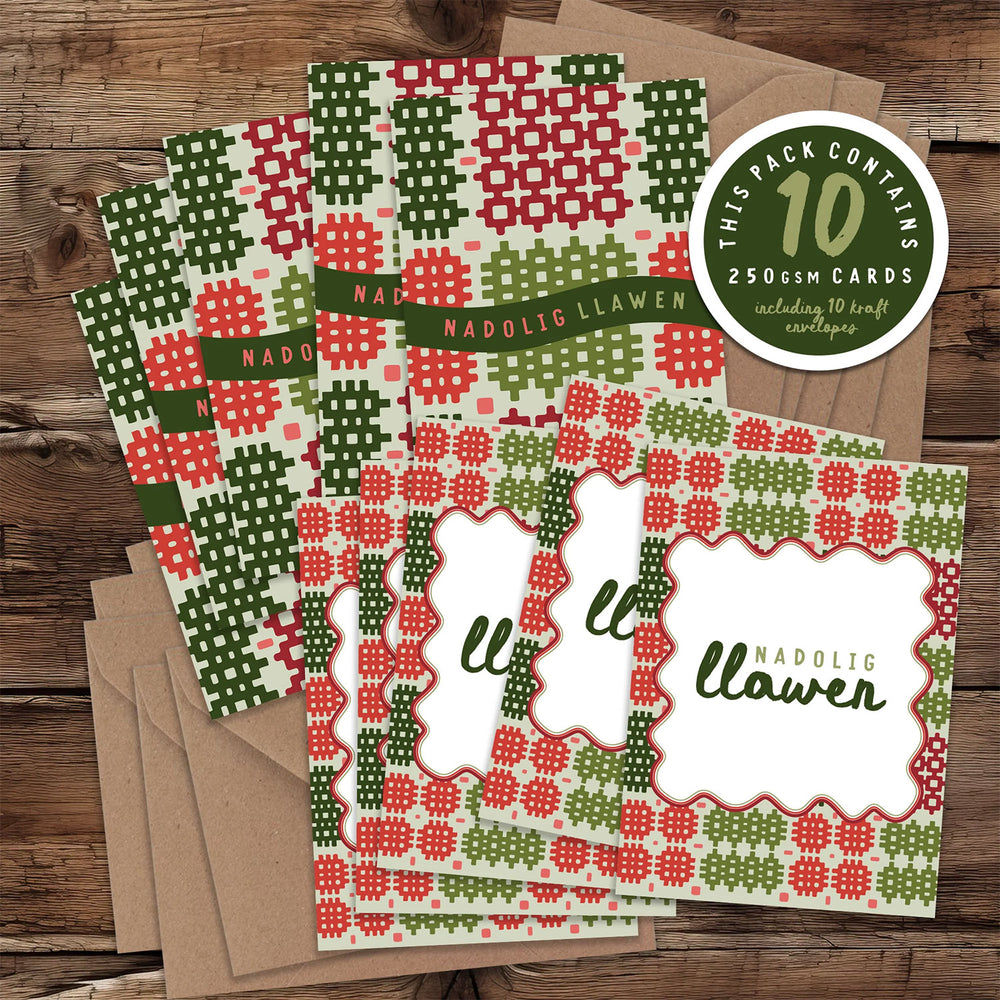 A pack of 10 mini Welsh Christmas cards by max rocks featuring the words 'Merry Christmas' in Welsh, Nadolig Llawen