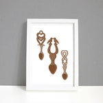 Print featuring traditional Welsh love spoons with heart, birds and horse shoe symbols