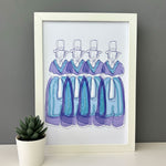 framed print featuring a contemporary take on the traditional Welsh lady in striking blue and purple.